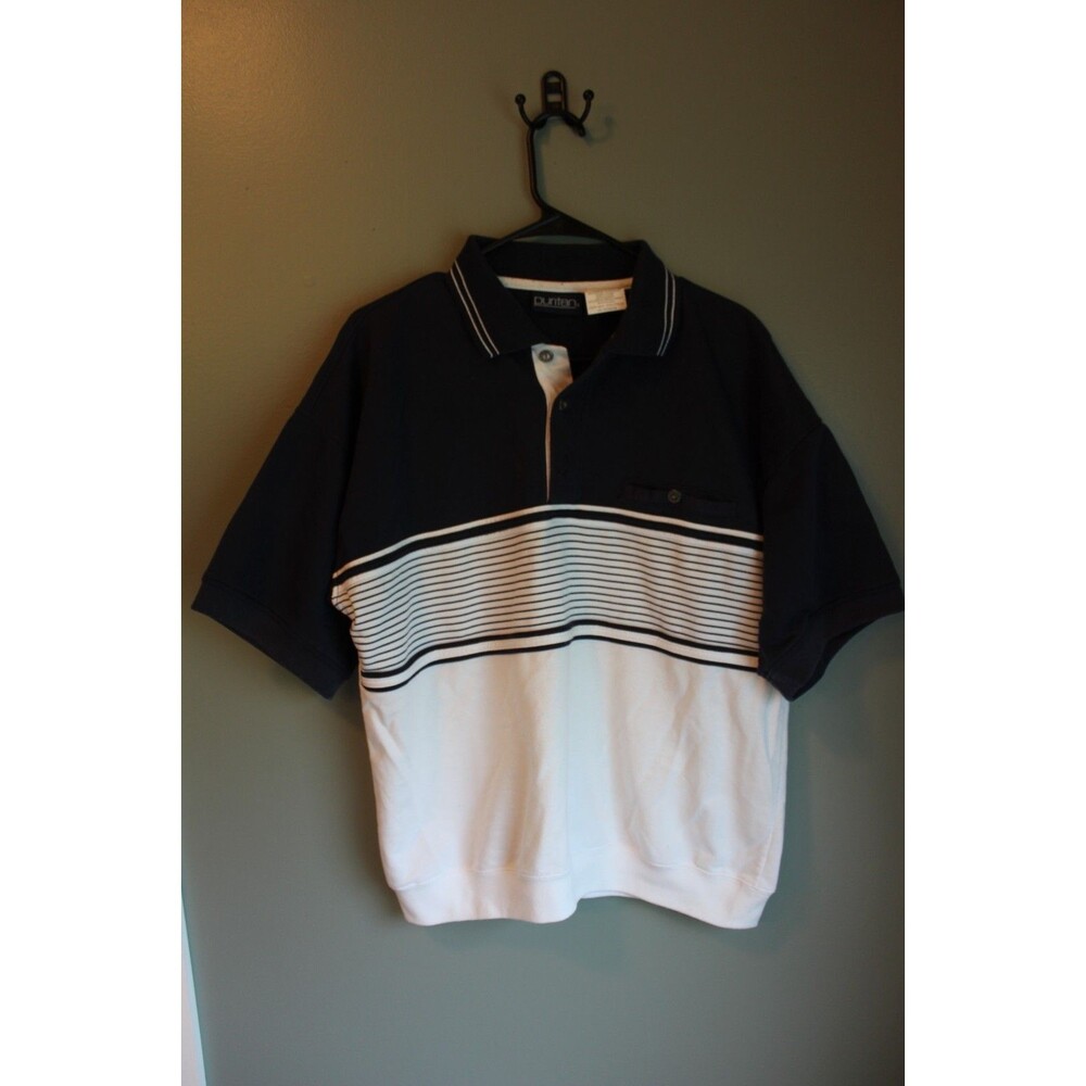 Vintage Puritan Men’s Polo Shirt Large Navy White Color Block Banded Hem STAINED